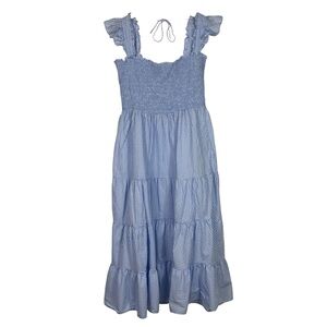 Eileen West Blue White Gingham Smocked Tiered Midi Dress Cottagecore Women's L